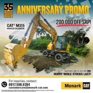 Get P200K off when you shop for a CAT M315 Wheeled Excavator today!